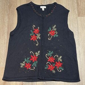 Kim Rogers Petite Knit Christmas Vest Poinsettia Holiday Sleeveless‎ Top EUC